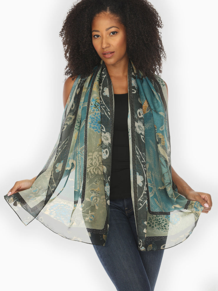 Crane Bamboo Floral Silk Scarf