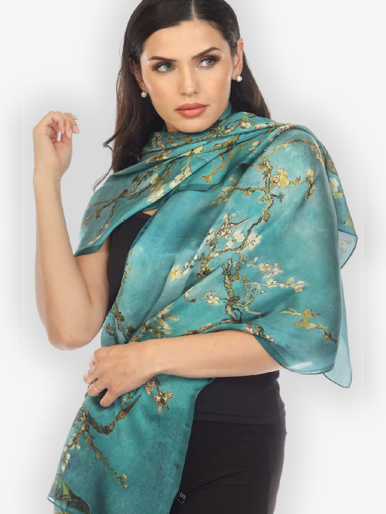Cherry Blossom Turquoise Silk Scarf