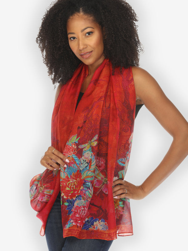 Dragonfly and Chrysanthemum Silk Scarf