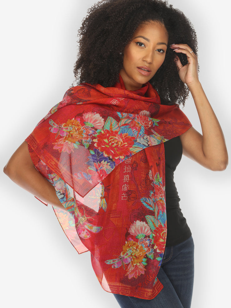 Dragonfly and Chrysanthemum Silk Scarf