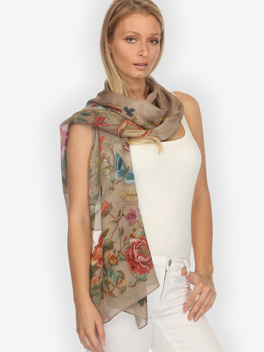 Embroidery Butterflies and Flowers Scarf