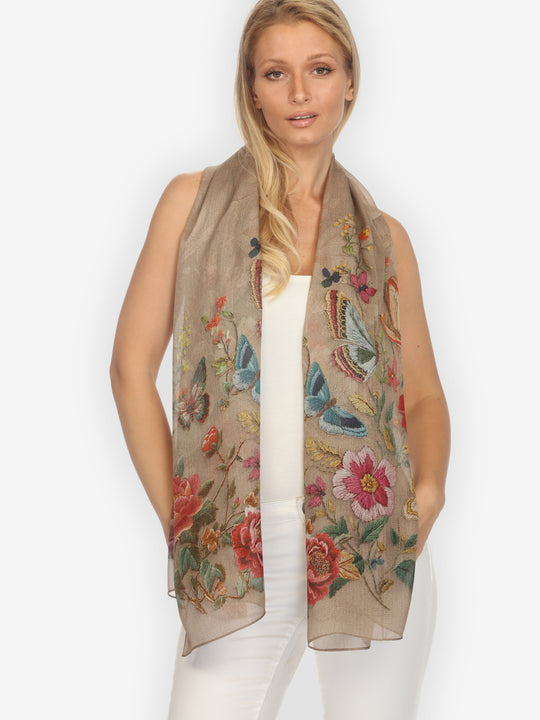 Embroidery Butterflies and Flowers Scarf