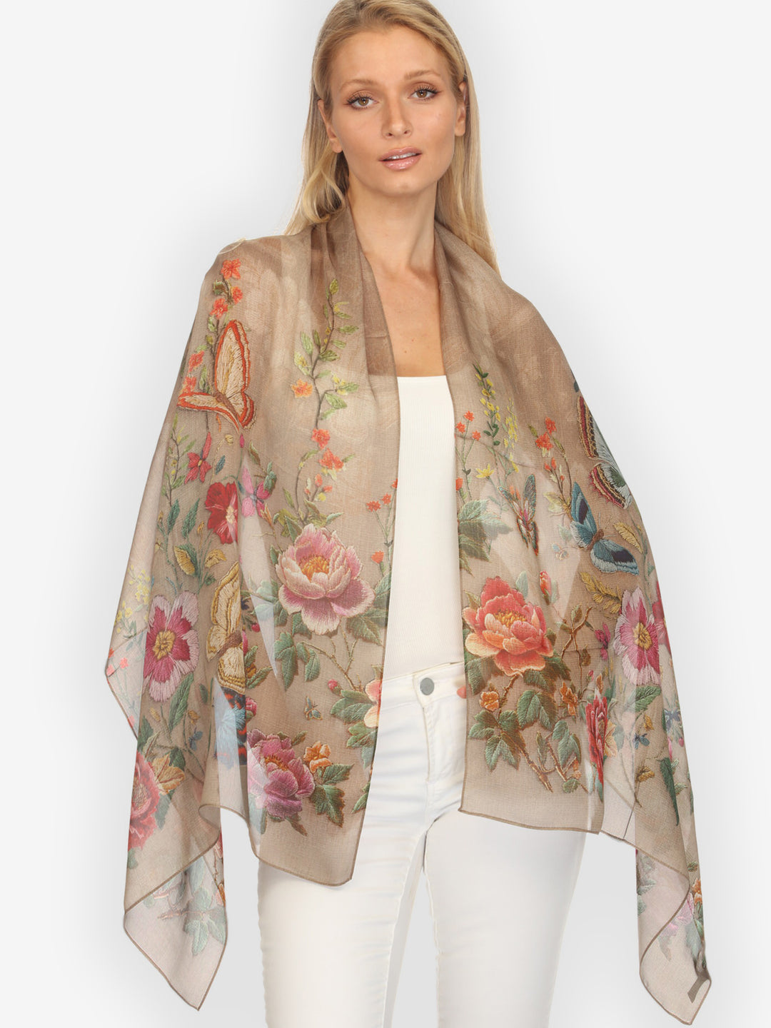 Embroidery Butterflies and Flowers Scarf