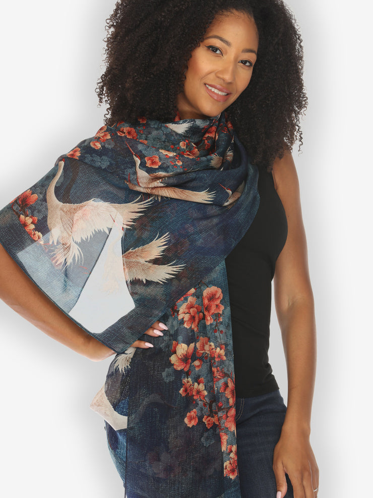 Sakura and Cranes Silk Scarf