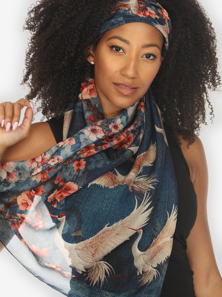 Sakura and Cranes Silk Scarf