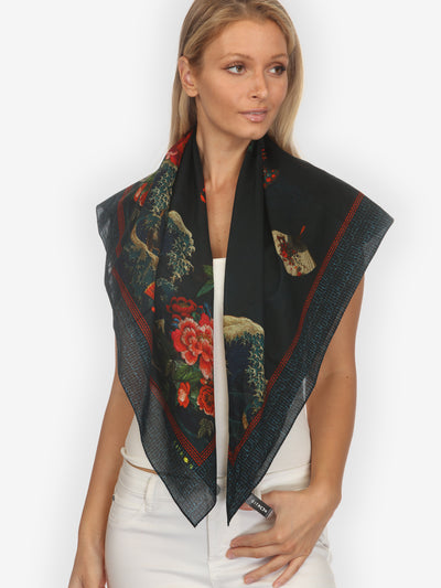 Waves Fans Flowers in Black Cotton Scarf