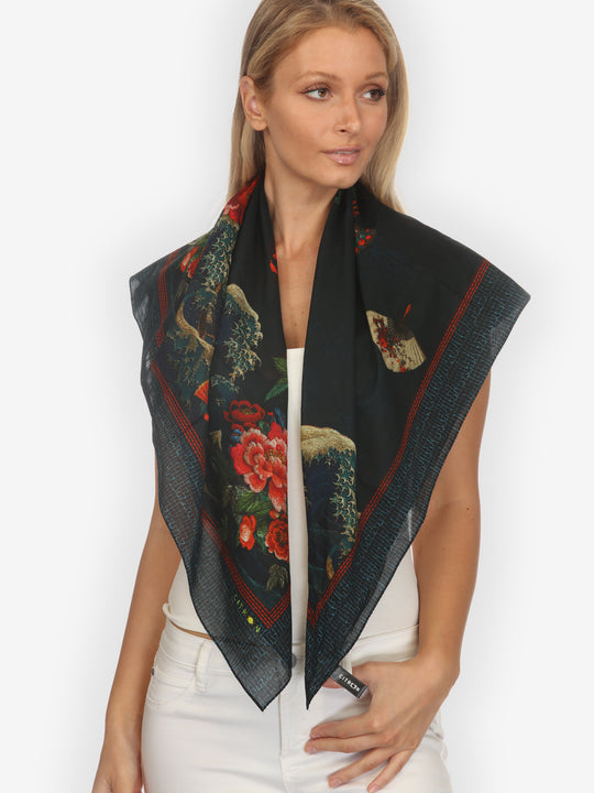 Waves Fans Flowers in Black Cotton Scarf