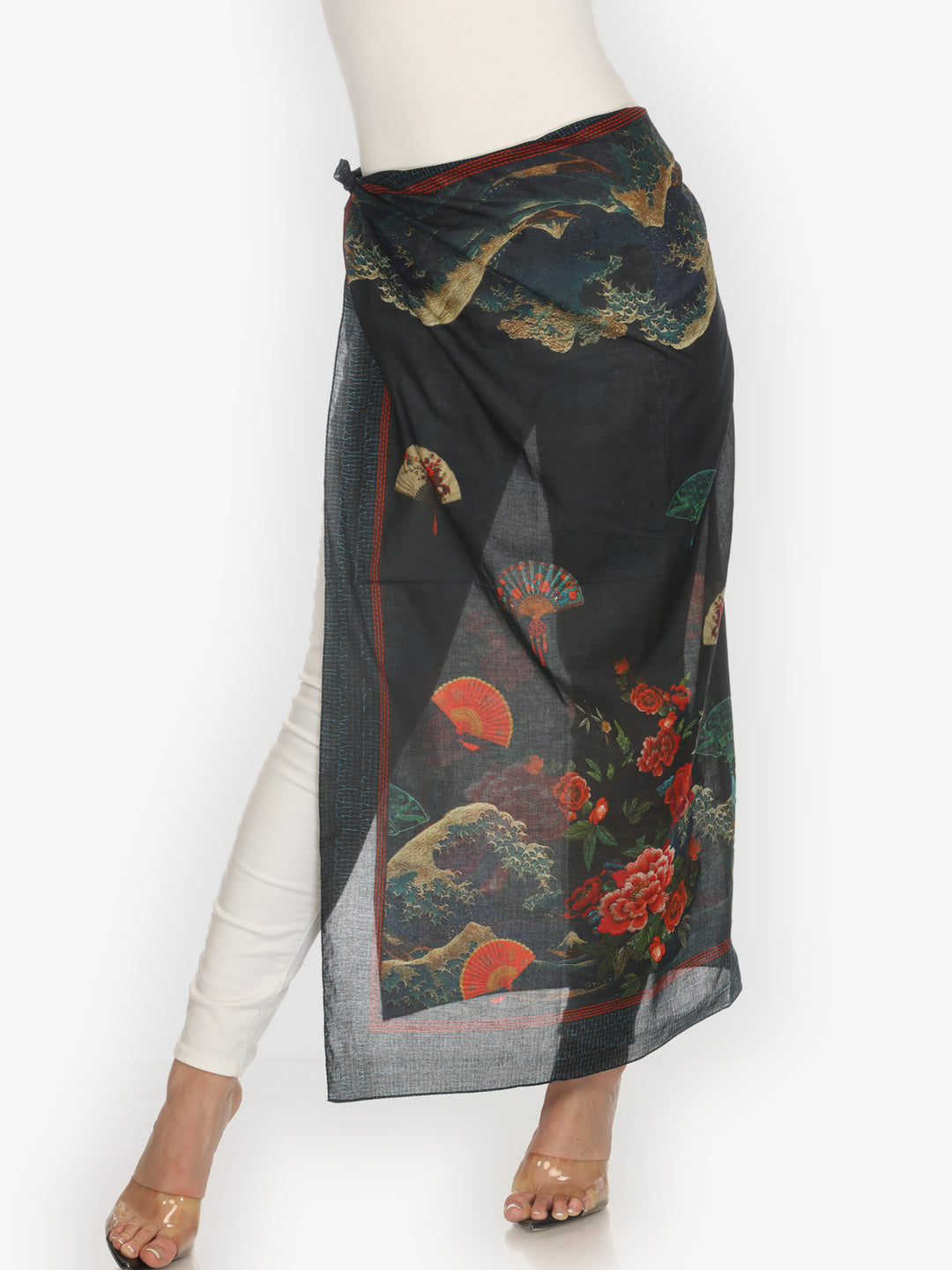 Waves Fans Flowers in Black Cotton Scarf