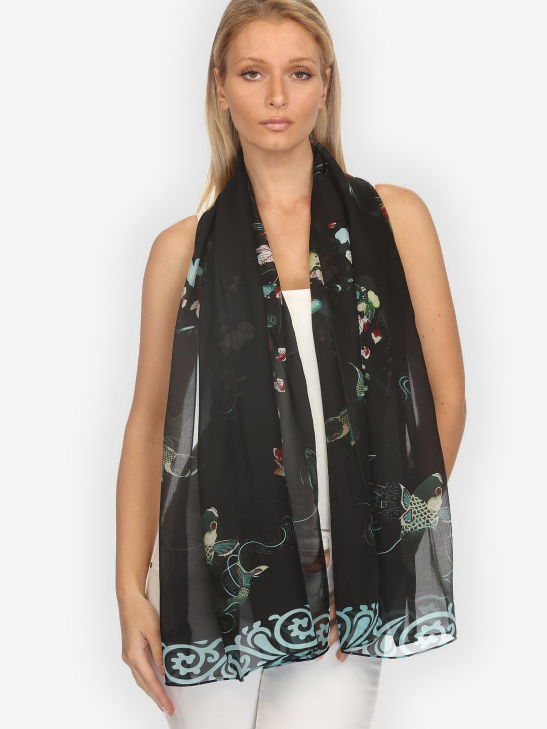 Koi and Leaves Silk Scarf