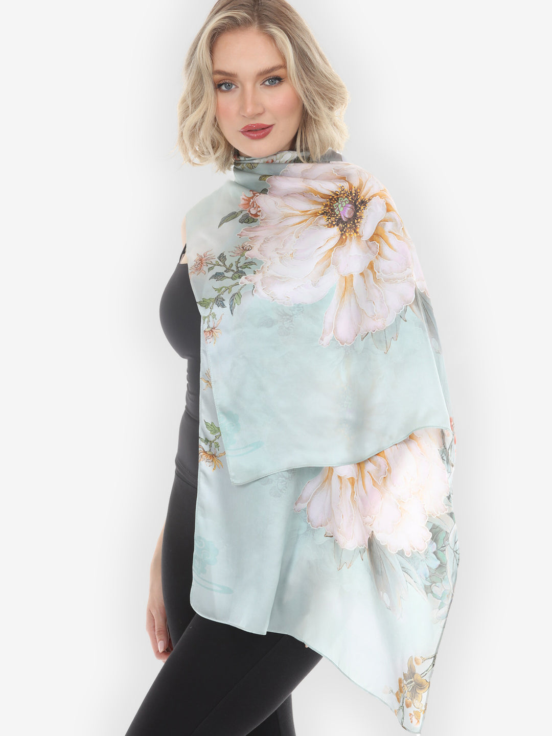 Peony Floral Mint Green Silk Scarf