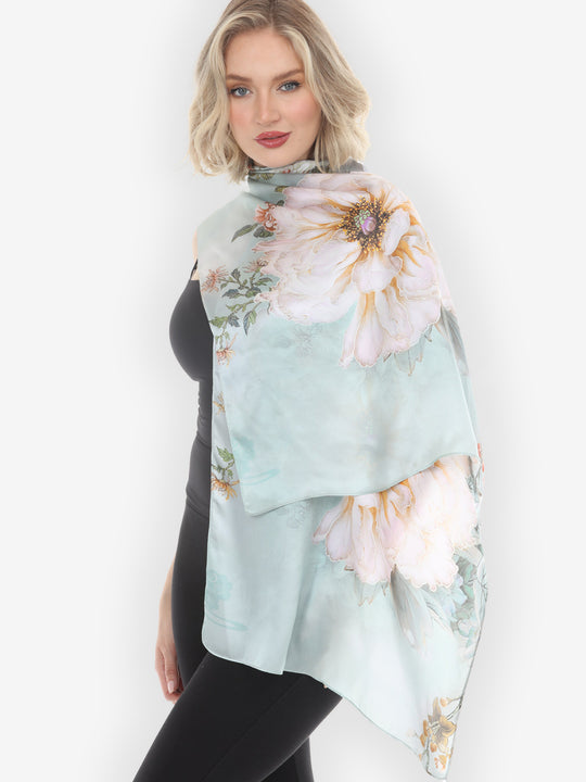 Peony Floral Mint Green Silk Scarf