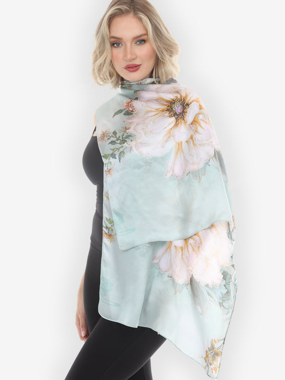 Peony Floral Mint Green Silk Scarf