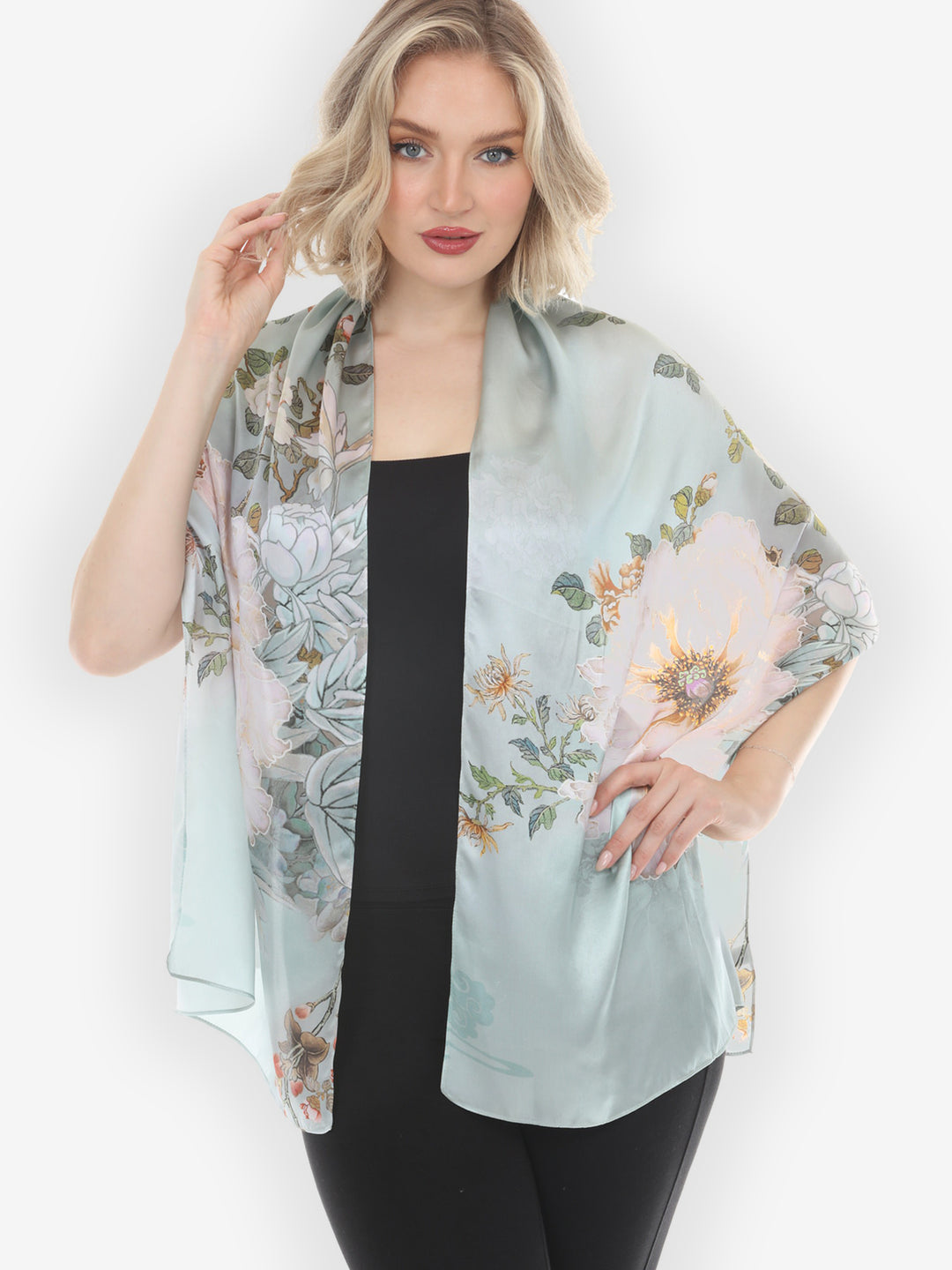 Peony Floral Mint Green Silk Scarf