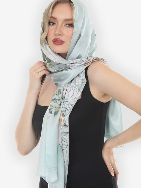 Peony Floral Mint Green Silk Scarf