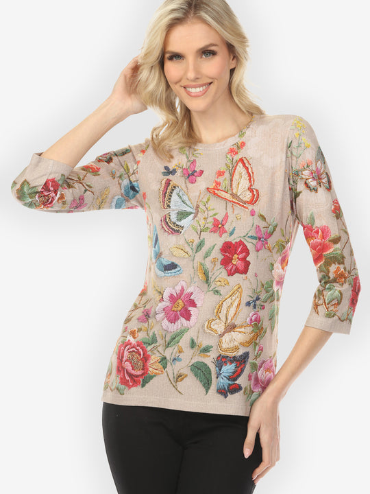 Embroidery Butterfly and Flower¾ Sleeve Tee