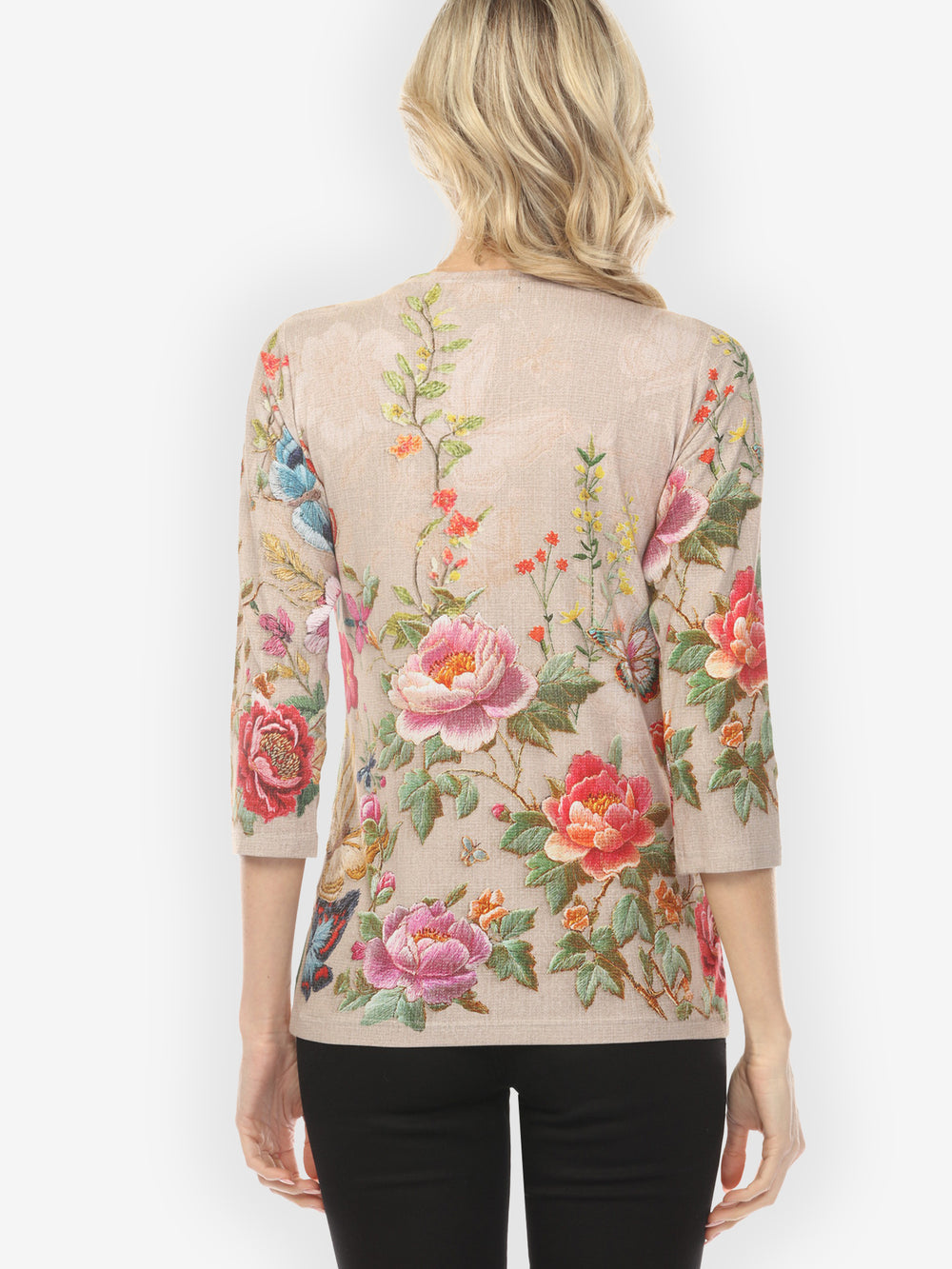 Embroidery Butterfly and Flower¾ Sleeve Tee