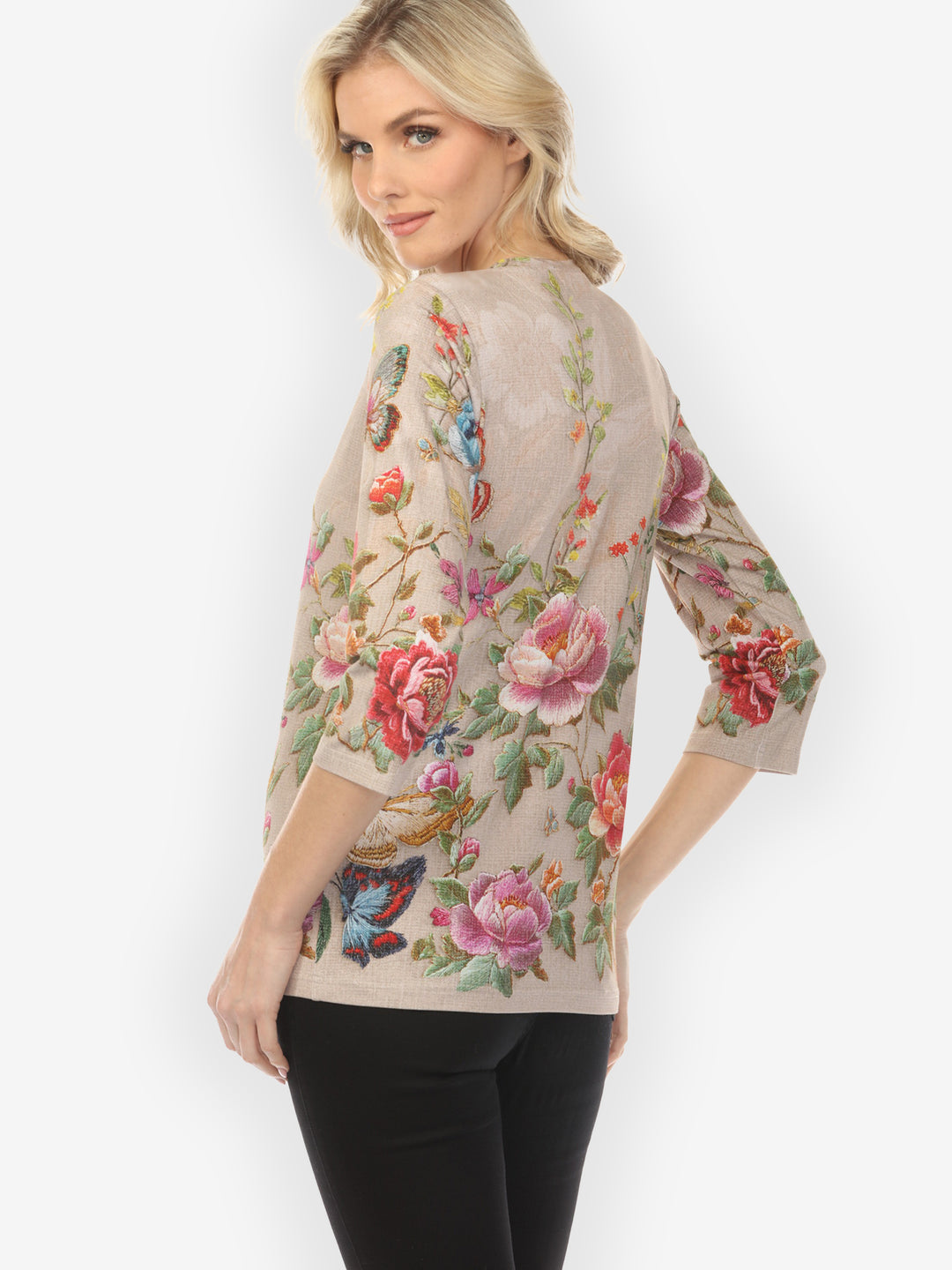 Embroidery Butterfly and Flower¾ Sleeve Tee