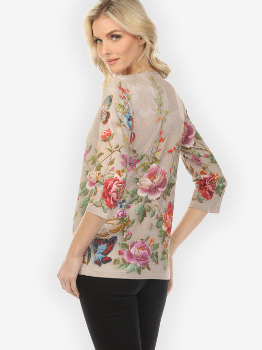 Embroidery Butterfly and Flower¾ Sleeve Tee