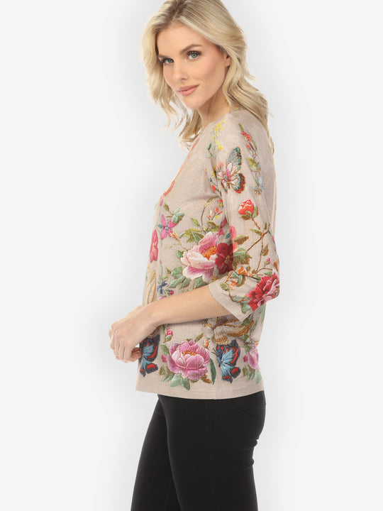 Embroidery Butterfly and Flower¾ Sleeve Tee