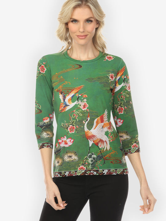 Elegant Crane Lotus ¾ Sleeve Tee