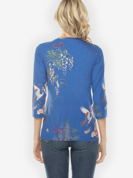 Wisteria Butterflies Crane in Blue ¾ Sleeve Tee