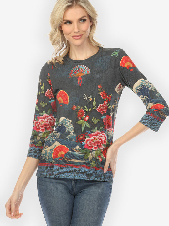 Waves Fans Flowers in Black ¾ Sleeve Tee