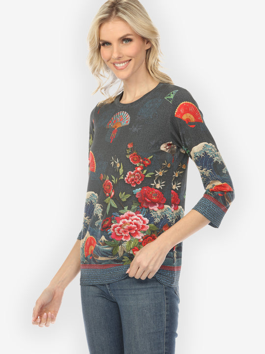 Waves Fans Flowers in Black ¾ Sleeve Tee
