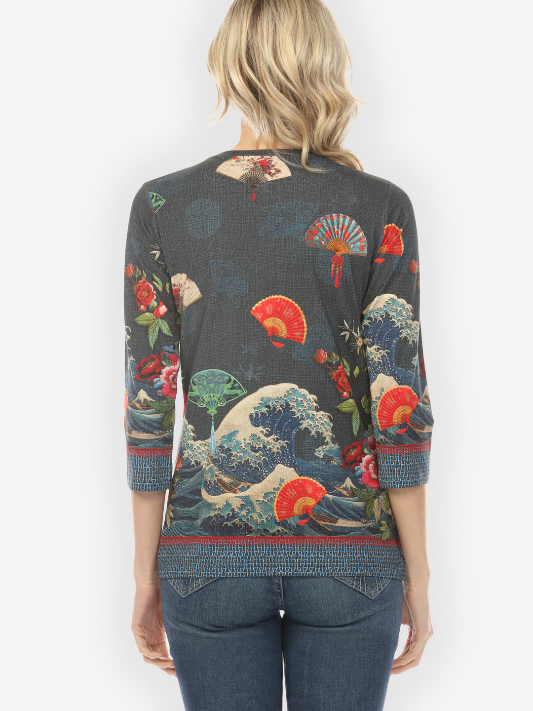 Waves Fans Flowers in Black ¾ Sleeve Tee