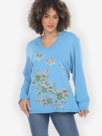 Butterfly Flower Print in Light Blue Cotton V-Neck Hoodie - 2X