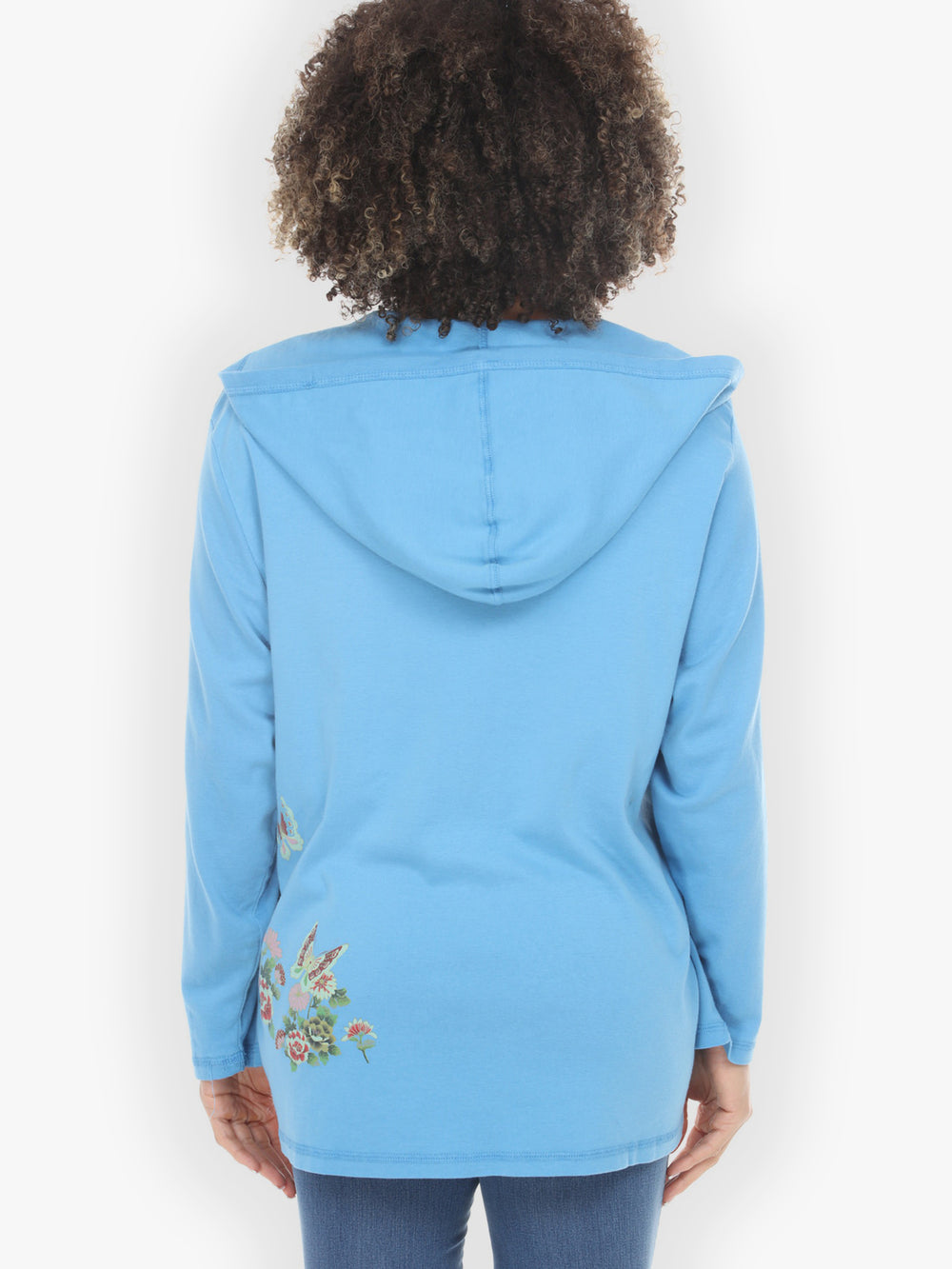 Butterfly Flower Print in Light Blue Cotton V-Neck Hoodie - 2X