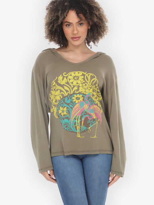 Flamingo Flower Khaki Cotton V-Neck Hoodie - 3X