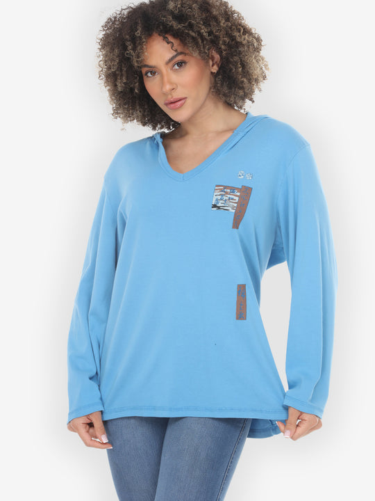 Japanese Irises Traditional Blue Cotton V-Neck Hoodie - 2X