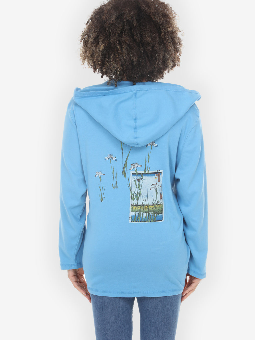 Japanese Irises Traditional Blue Cotton V-Neck Hoodie - 2X