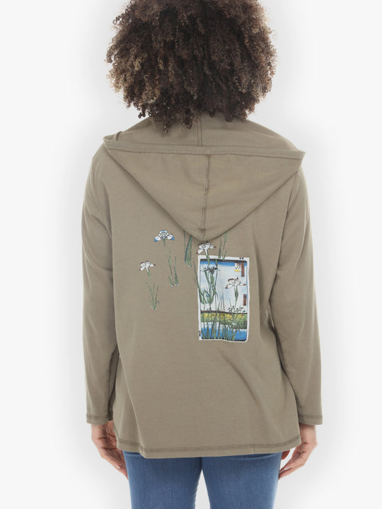 Japanese Irises Traditional Khaki Cotton V-Neck Hoodie - XL