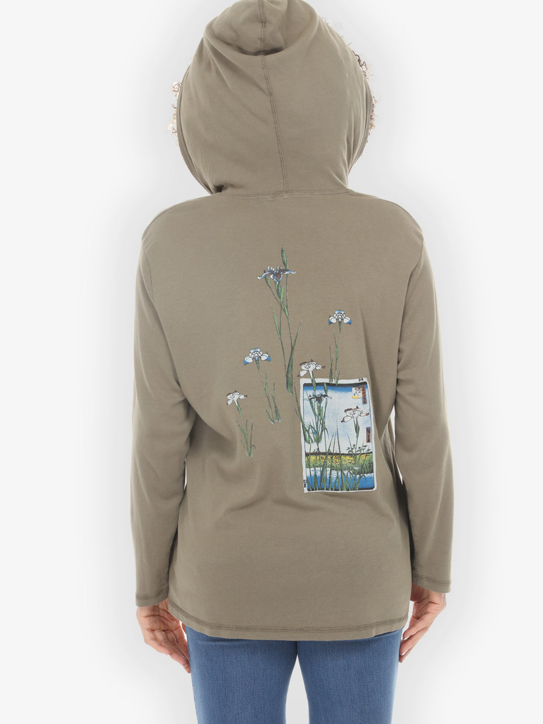 Japanese Irises Traditional Khaki Cotton V-Neck Hoodie - XL