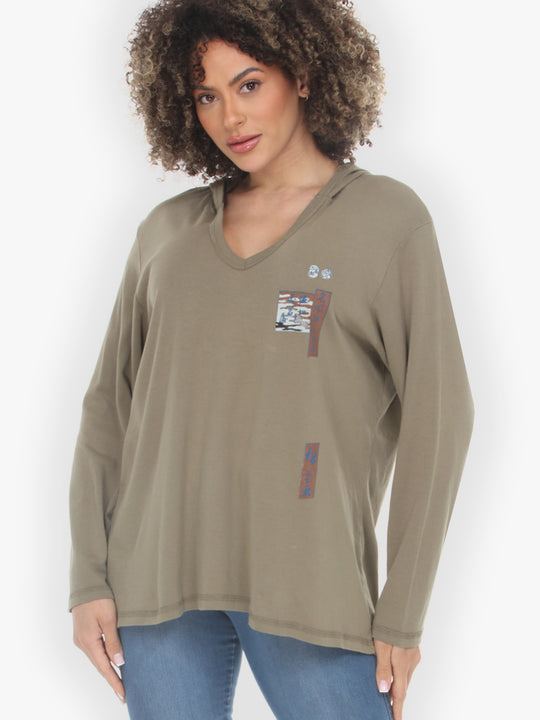 Japanese Irises Traditional Khaki Cotton V-Neck Hoodie - XL