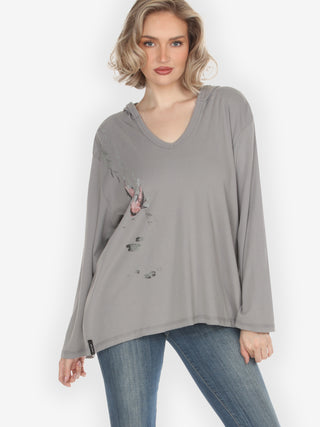 Koi Bamboo Print V-Neck Hoodie Sweatshirt - 2X