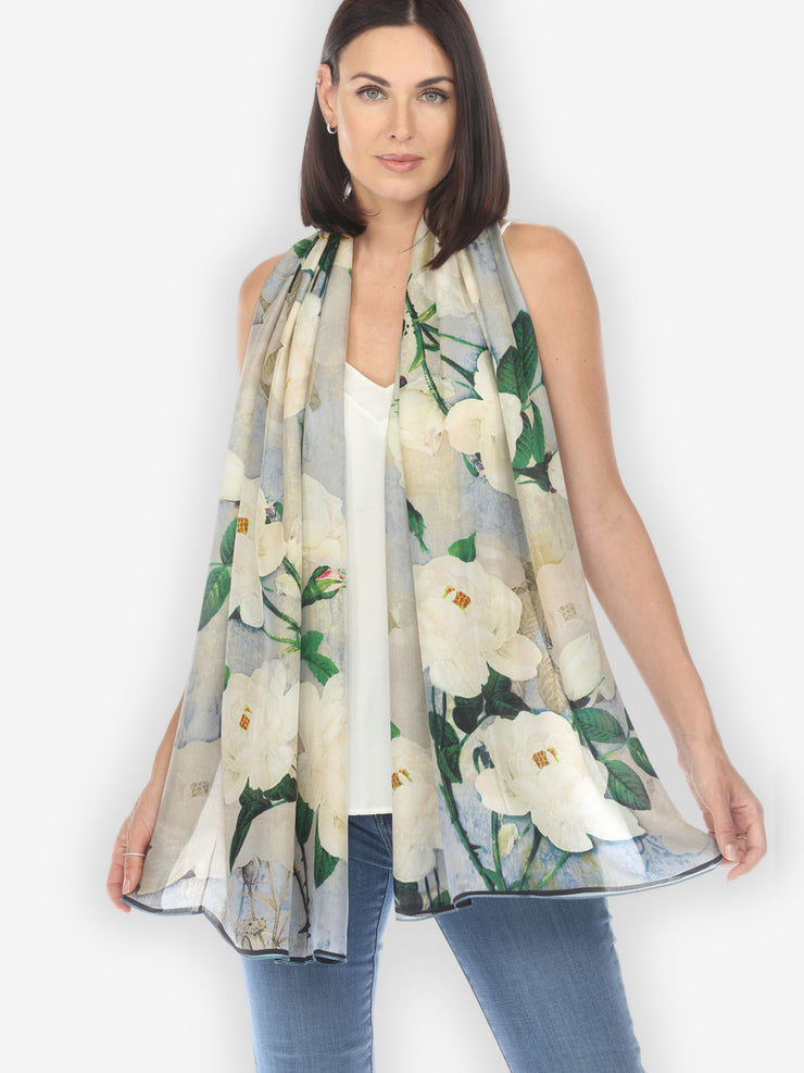 White Peony in Baby Blue Silk Scarf