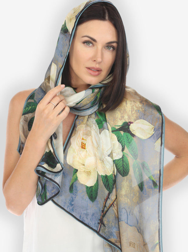 White Peony in Baby Blue Silk Scarf