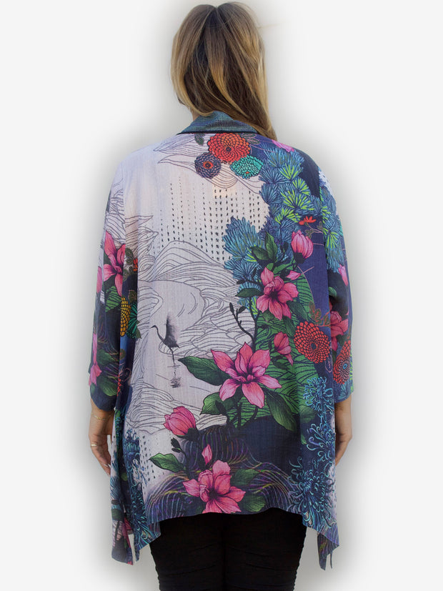 Border Crane Flowers Kimono Top