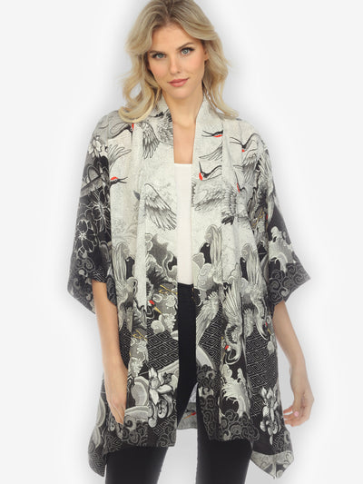 Black White Crane Wave Silk Kimono Top