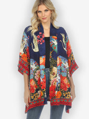 Crane Paradise Fans Blue Silk Kimono Top