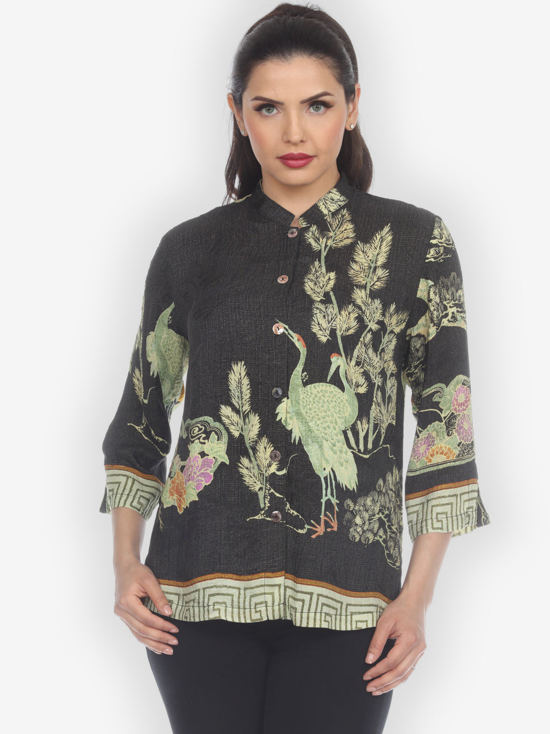 Antique Silk Crane Citron Style Silk Blouse