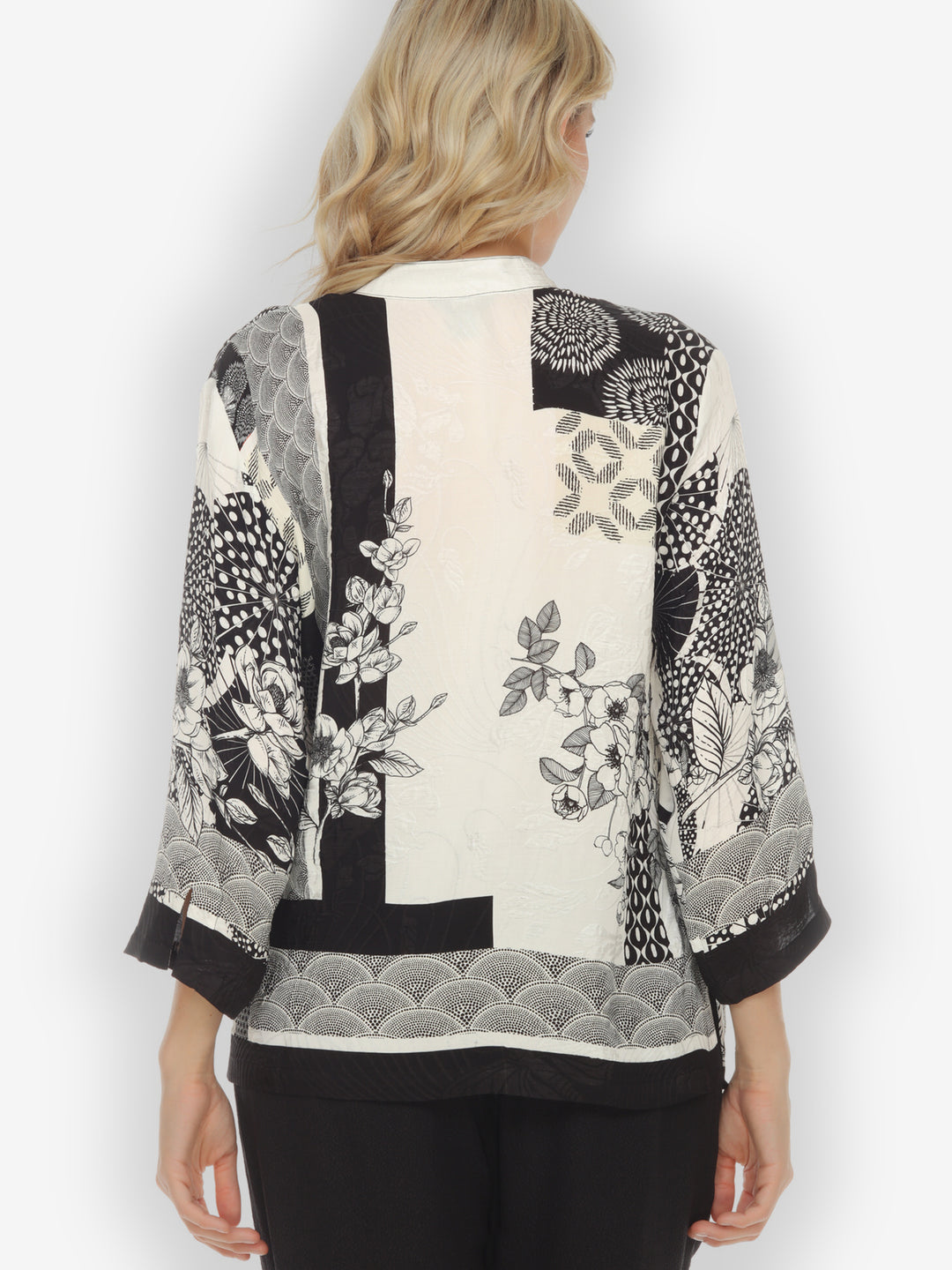 Black White Blossom Citron Style Silk Blouse