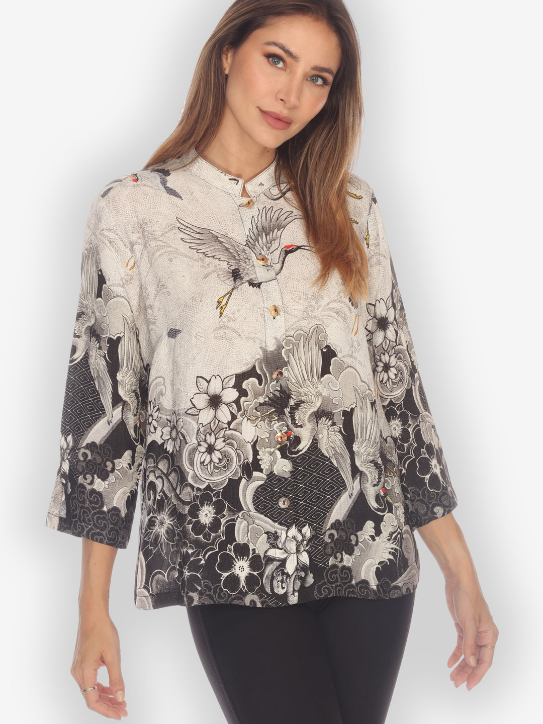 Black White Crane Wave Silk Blouse