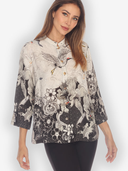 Black White Crane Wave Silk Blouse