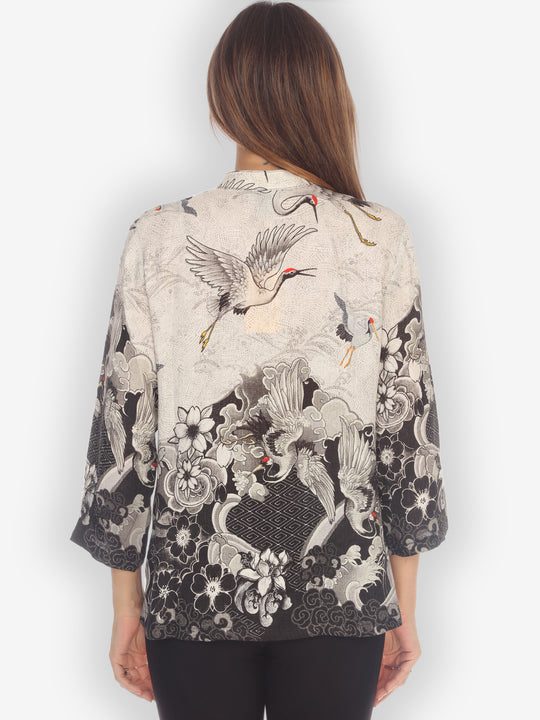 Black White Crane Wave Silk Blouse