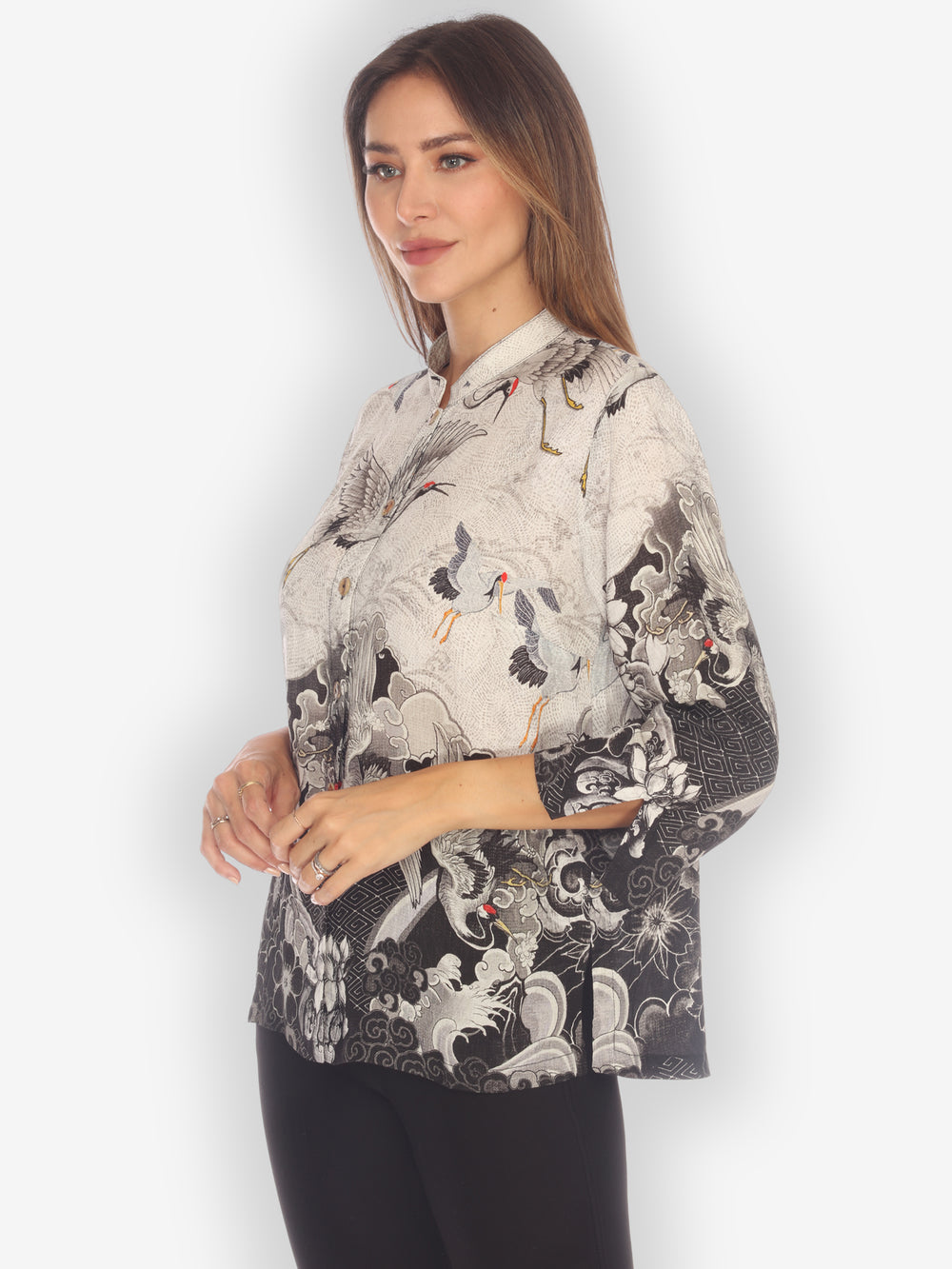 Black White Crane Wave Silk Blouse