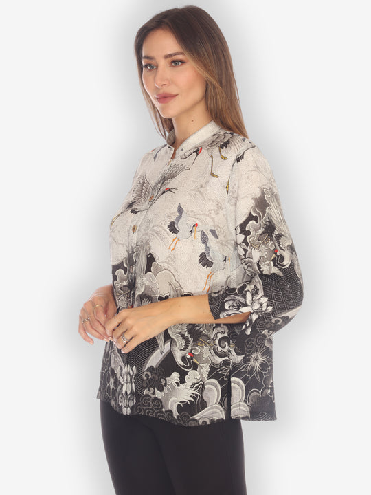Black White Crane Wave Silk Blouse