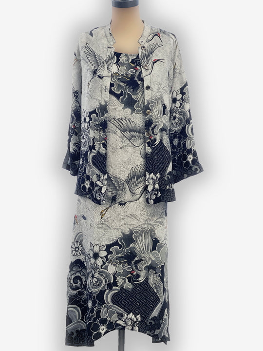 Black White Crane Wave Silk Blouse